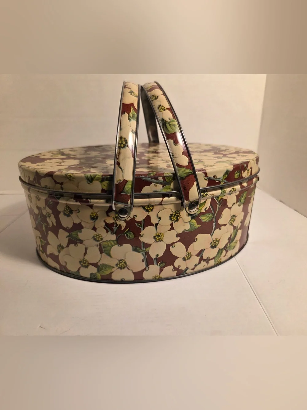 Vintage Dogwood Flower Metal Tin With Handles White Brown Sewing Basket